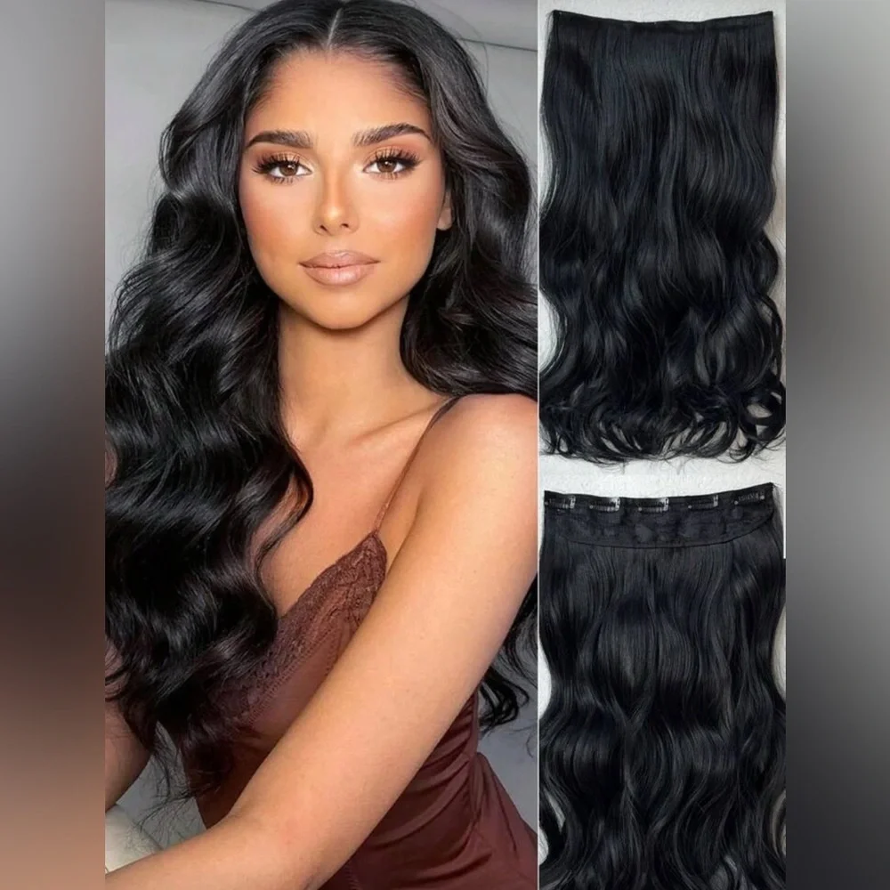 One Piece Black Hair Extensions — 22” Long | Natural Wave | Clip-In Volumizer